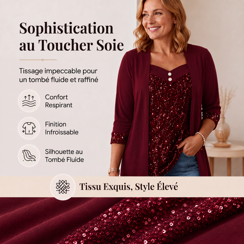 🌙 OFFRE LIMITÉE -50% ! 💕 Haut féminin à paillettes et patchwork, style faux deux-pièces