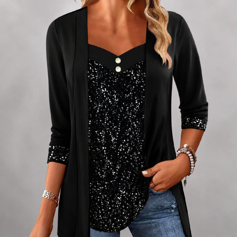 🌙 OFFRE LIMITÉE -50% ! 💕 Haut féminin à paillettes et patchwork, style faux deux-pièces