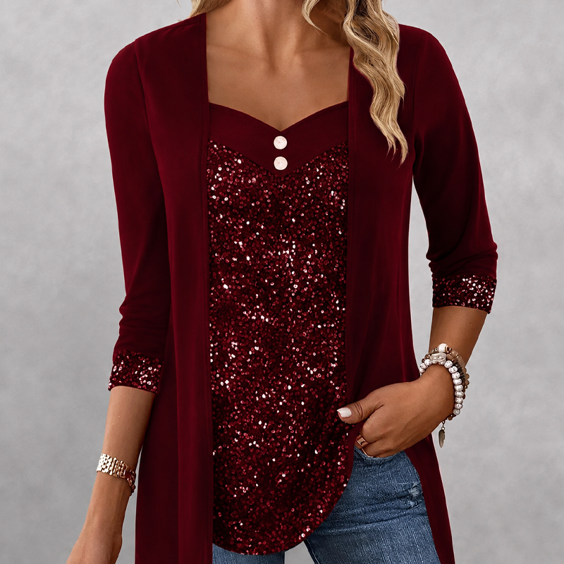 🌙 OFFRE LIMITÉE -50% ! 💕 Haut féminin à paillettes et patchwork, style faux deux-pièces