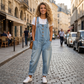 Salopette en jean décontractée et ample pour femme avec poches