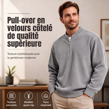 Sweat-shirt à col montant décontracté pour homme, en velours côtelé, avec quart de zip et manches longues