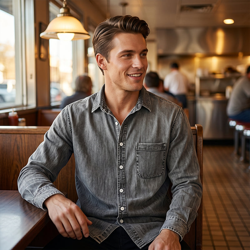 Chemise en denim délavé rétro pour homme