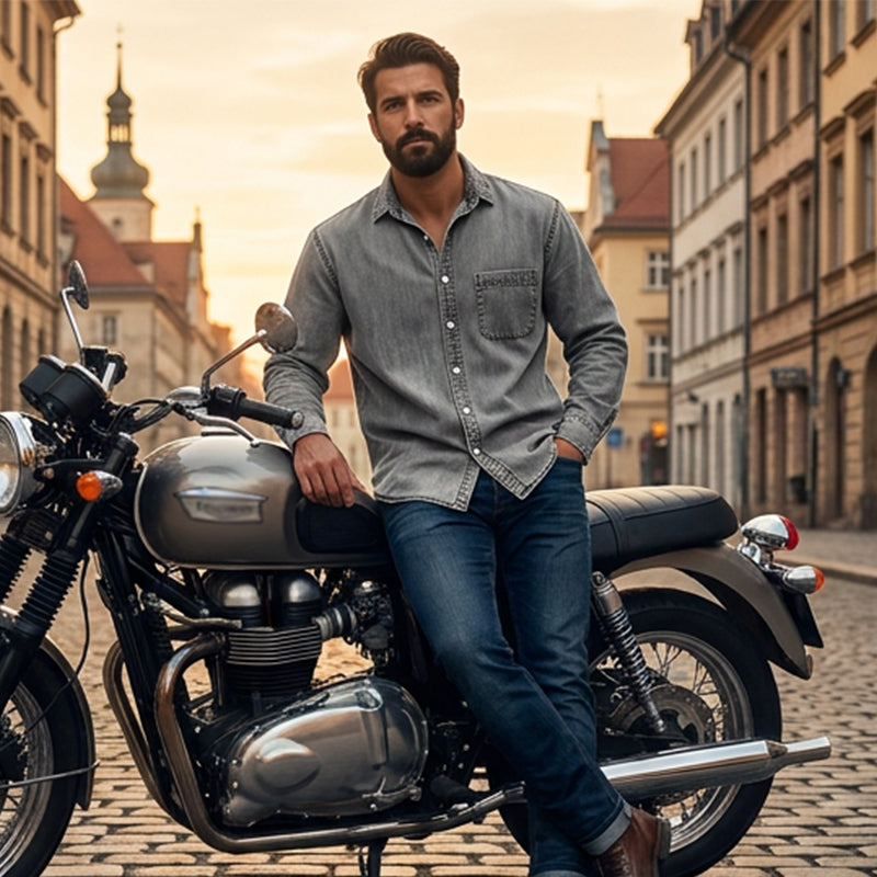 Chemise en denim délavé rétro pour homme