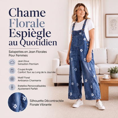Salopette en jean coupe ample à imprimé floral pour femme