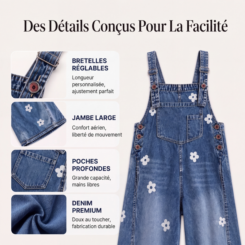 Salopette en jean coupe ample à imprimé floral pour femme