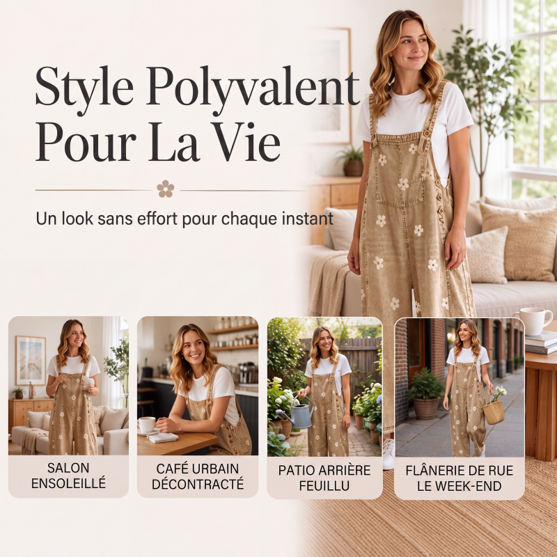 Salopette en jean coupe ample à imprimé floral pour femme