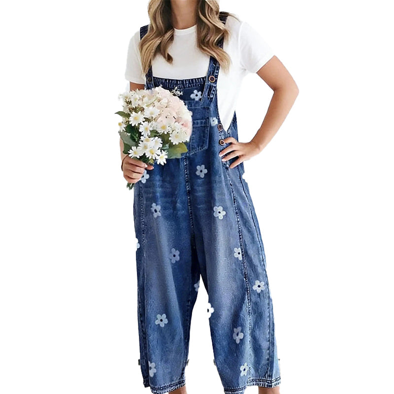 Salopette en jean coupe ample à imprimé floral pour femme