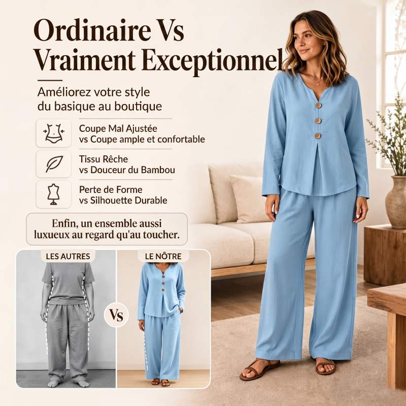 Ensemble pour femme : haut à col V à manches longues et pantalon large