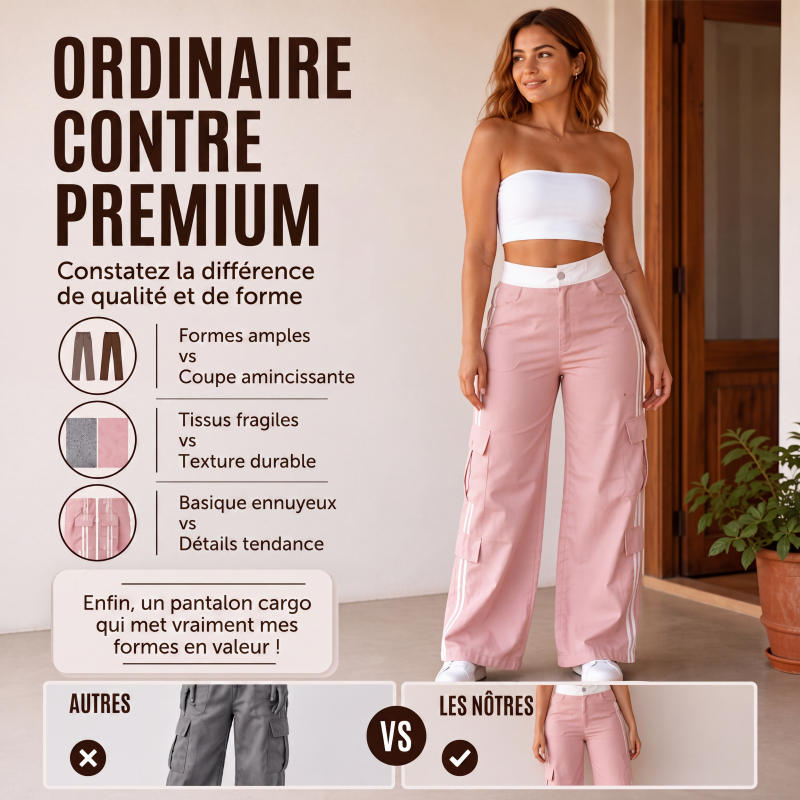 Pantalon cargo droit à bandes latérales pour femme