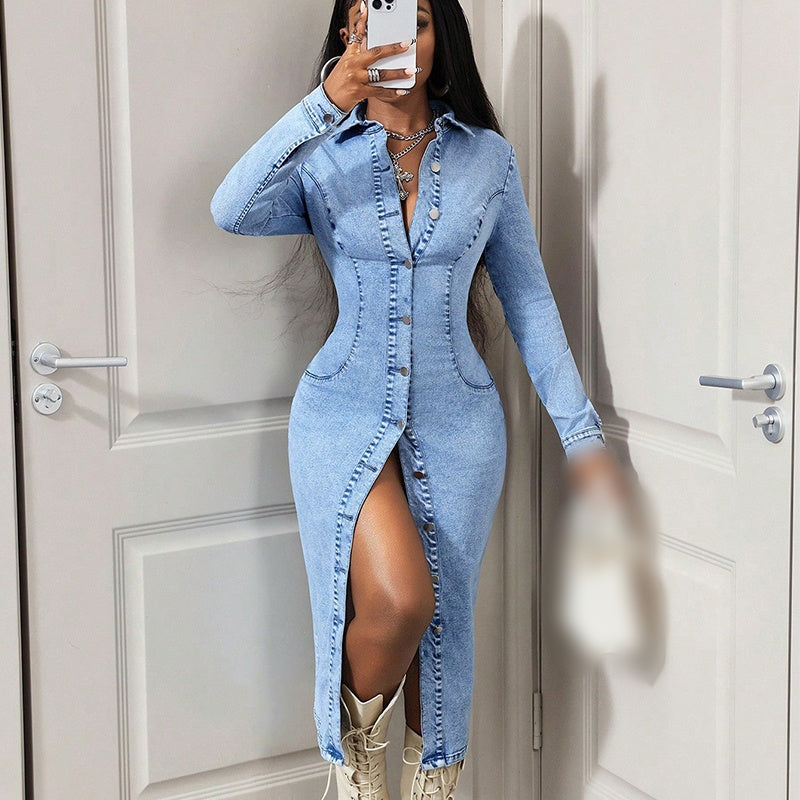 Robe mi-longue en jean à manches longues et col boutonné