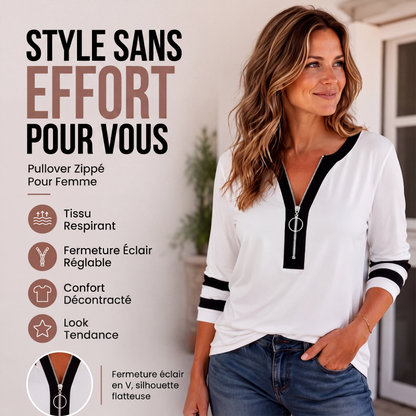 Haut chic à bloc de couleurs pour femme, col V et fermeture éclair