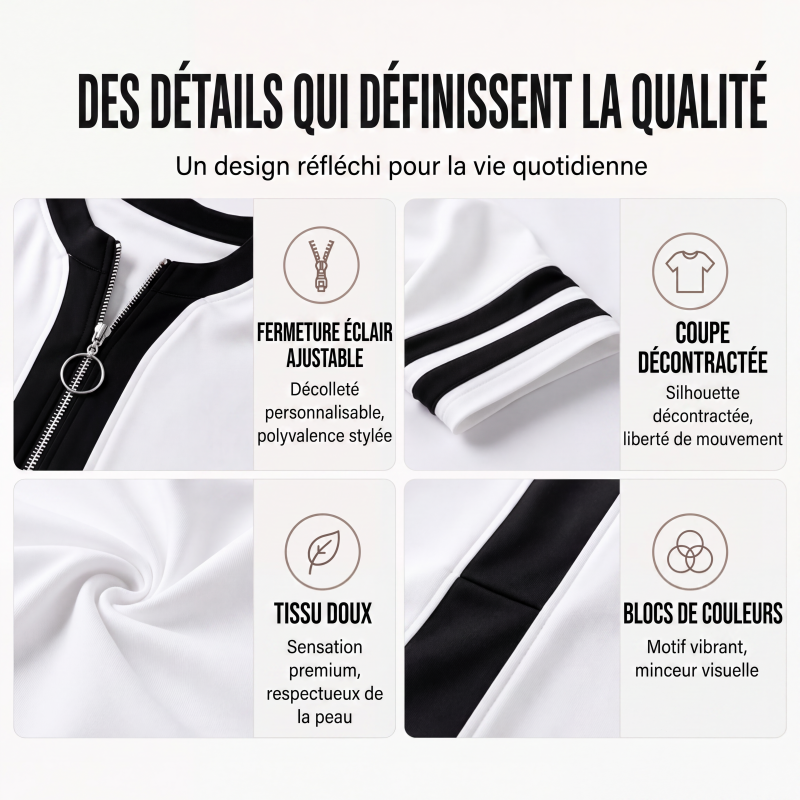 Haut chic à bloc de couleurs pour femme, col V et fermeture éclair