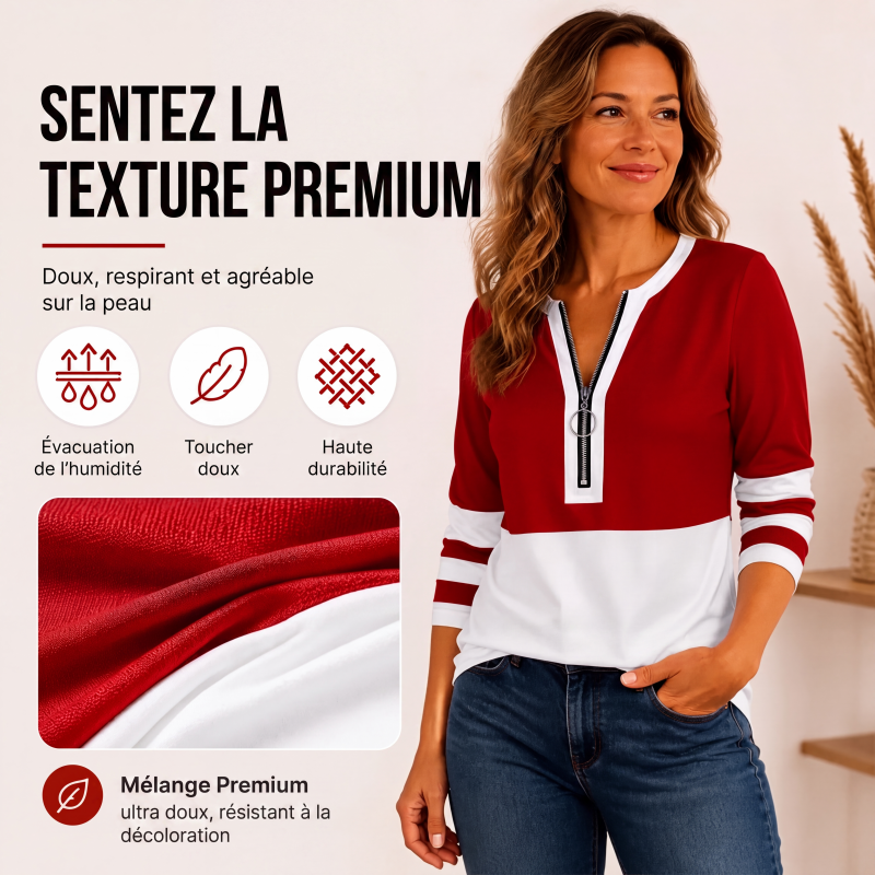Haut chic à bloc de couleurs pour femme, col V et fermeture éclair