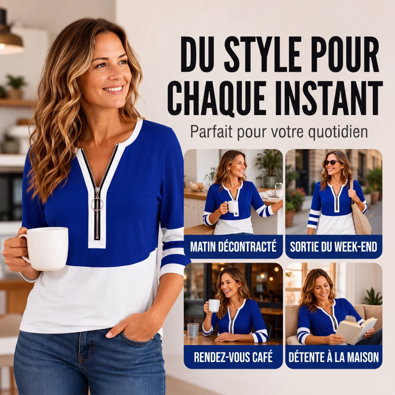 Haut chic à bloc de couleurs pour femme, col V et fermeture éclair