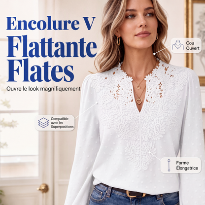 Chemisier à col V en dentelle pour femmes, manches longues à pois suisses, tee-shirt décontracté, haut