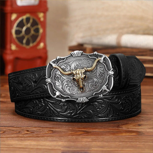 ♉Ceinture en cuir embossé tête de taureau rétro pour homme