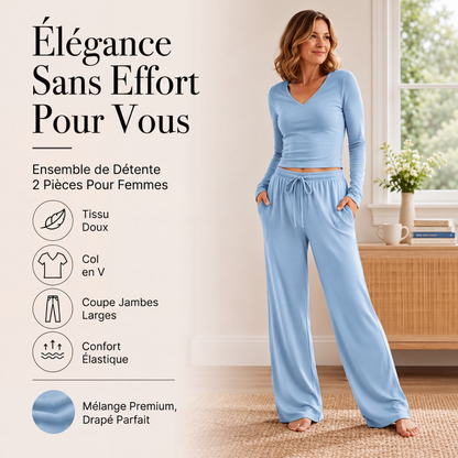 Ensemble pour femme : haut à col V à manches longues et pantalon à jambes larges