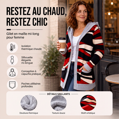 Cardigan en tricot à capuche doublé de peluche pour femme
