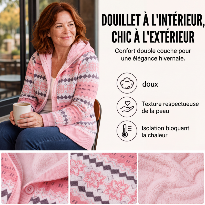 Cardigan en tricot à capuche doublé de peluche pour femme