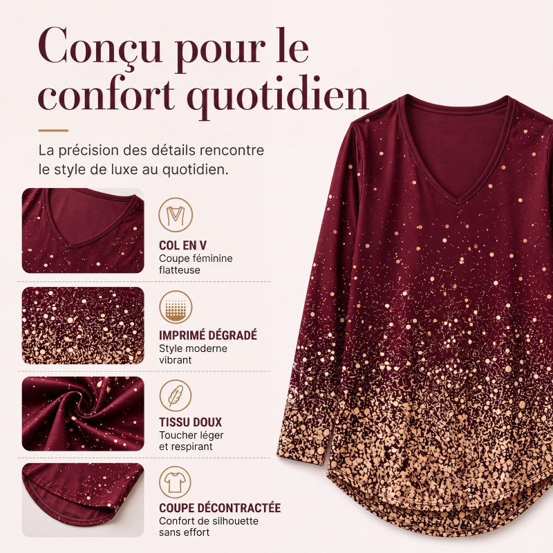 Chemise à manches longues pour femme, col V, imprimé dégradé