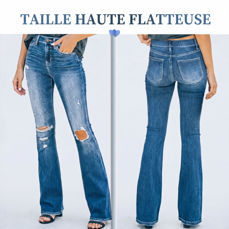 Jean flare taille haute détruit pour femme