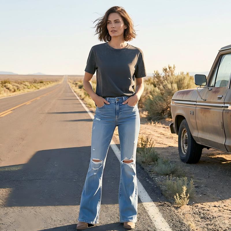 Jean flare taille haute détruit pour femme