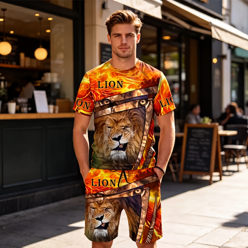 ✨ Ensemble Homme 2 Pièces – T-Shirt à Motif Animalier & Short Décontracté