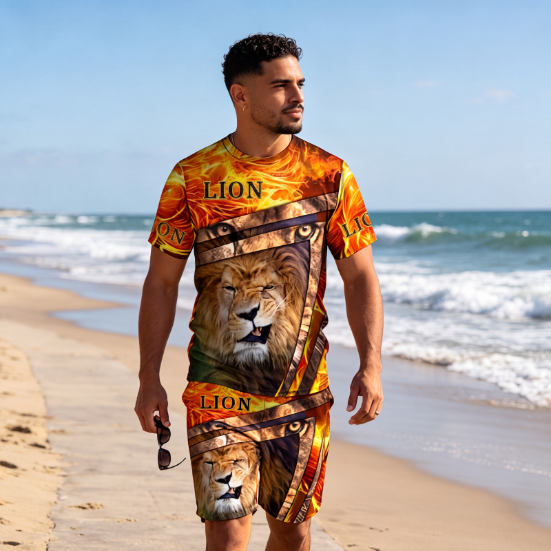 ✨ Ensemble Homme 2 Pièces – T-Shirt à Motif Animalier & Short Décontracté