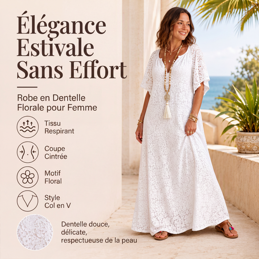 Robe longue pour femme en dentelle avec col V et détails au crochet