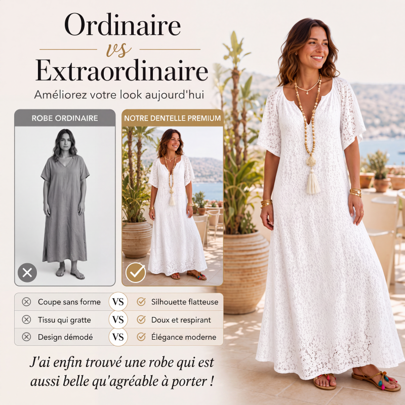 Robe longue pour femme en dentelle avec col V et détails au crochet