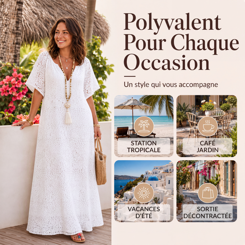 Robe longue pour femme en dentelle avec col V et détails au crochet