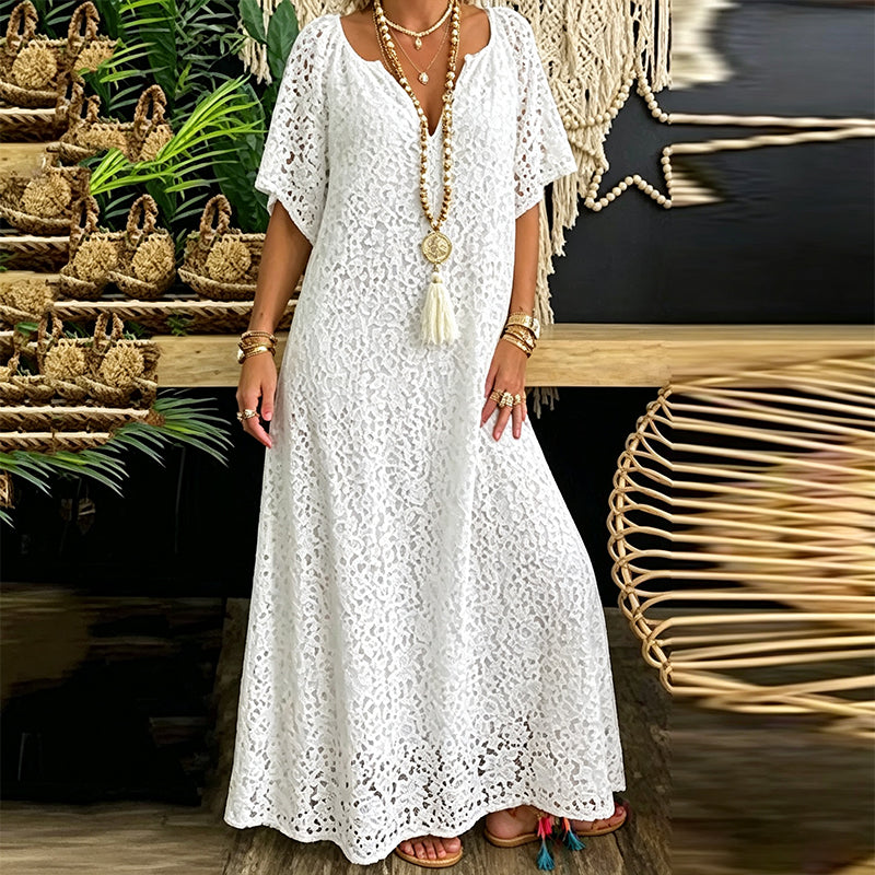 Robe longue pour femme en dentelle avec col V et détails au crochet