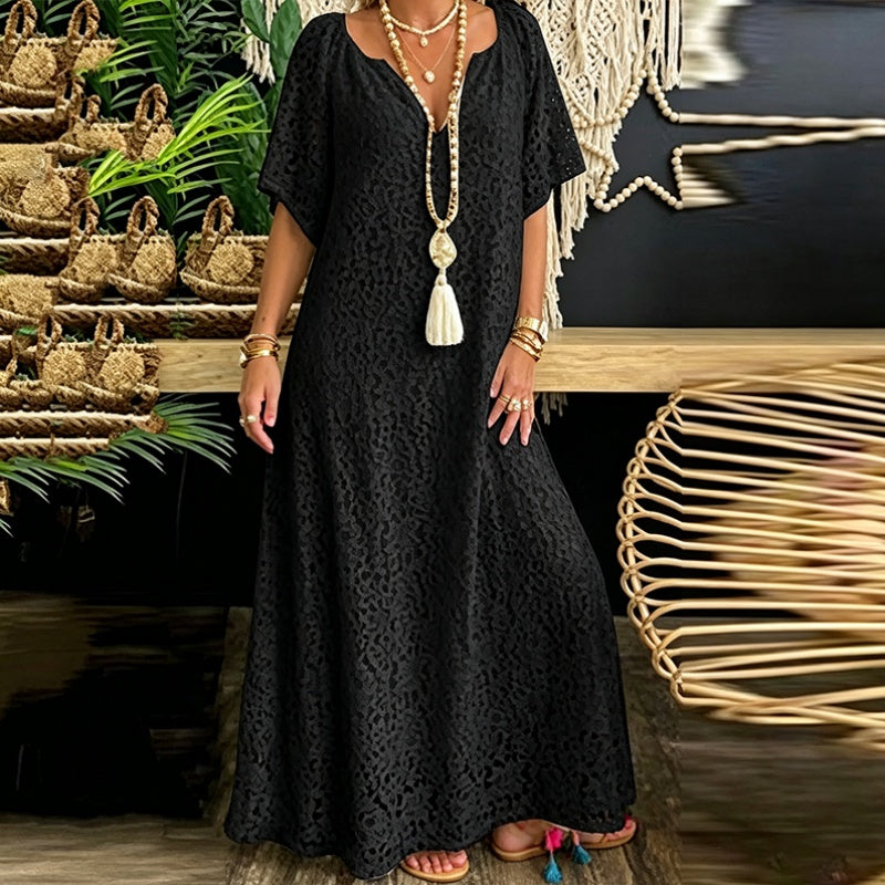Robe longue pour femme en dentelle avec col V et détails au crochet