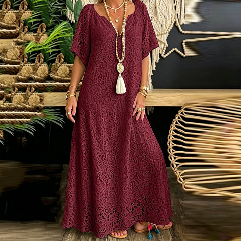 Robe longue pour femme en dentelle avec col V et détails au crochet