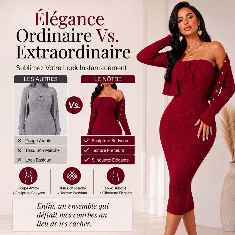 Robe bodycon en maille côtelée pour femme avec cardigan court