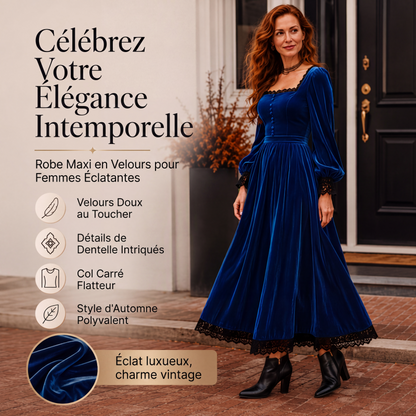 Robe vintage en velours à col carré pour femme