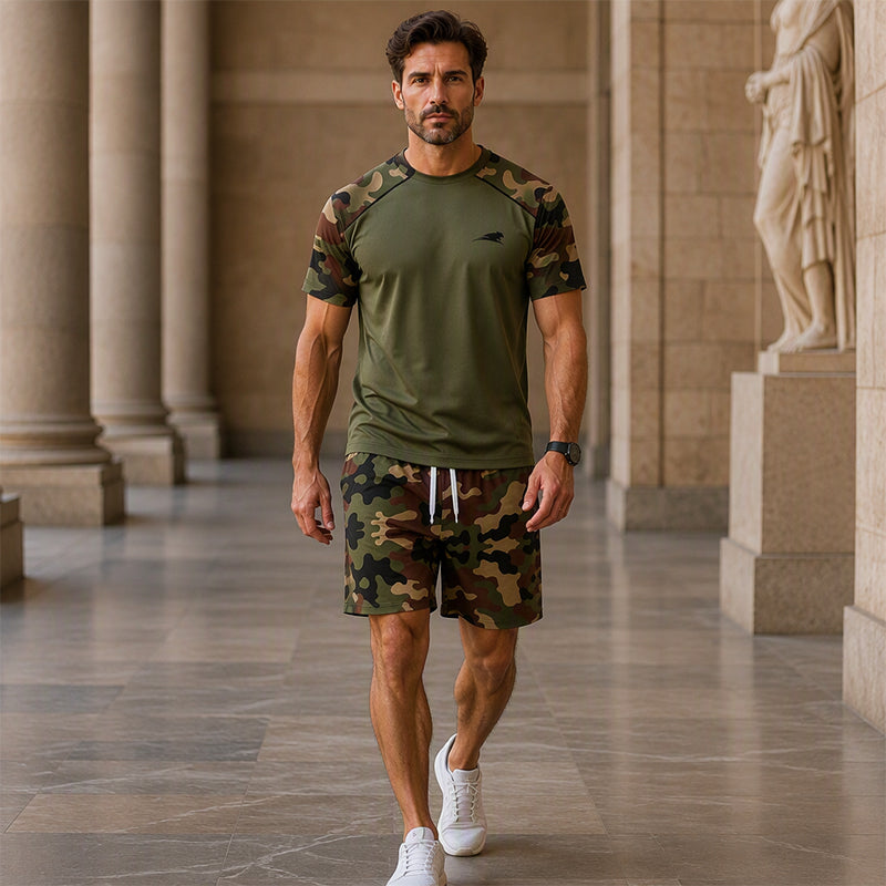 Ensemble chemise à manches courtes camouflage décontractée et short pour homme