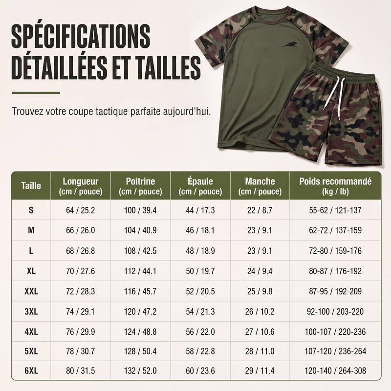 Ensemble chemise à manches courtes camouflage décontractée et short pour homme