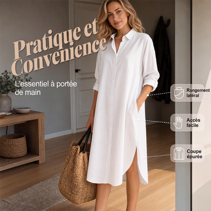 Robe chemise oversize pour femme en coton et lin avec poches