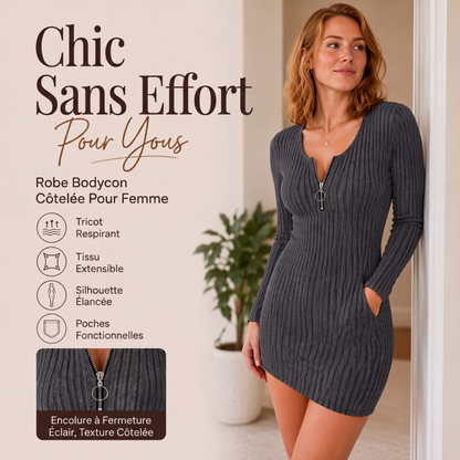 Robe en maille côtelée avec fermeture éclair sur le devant pour femme