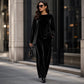 Ensemble haut à manches longues en velours et pantalon large pour femme