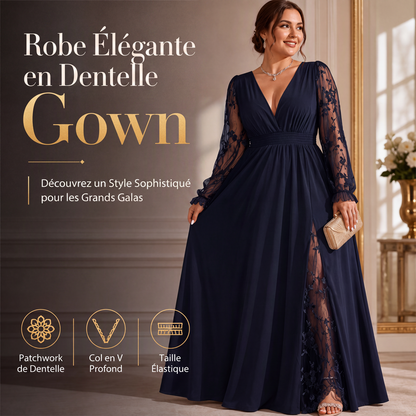 Robe longue élégante pour femme à col V avec empiècements en dentelle