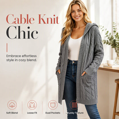 Women's Long Hooded Knit Cardigan with Pockets