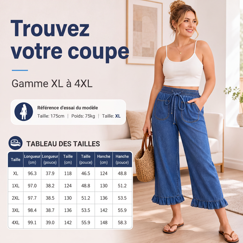Pantalon en jean à ourlet à volants pour femmes grande taille