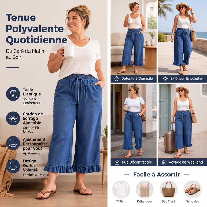 Pantalon en jean à ourlet à volants pour femmes grande taille