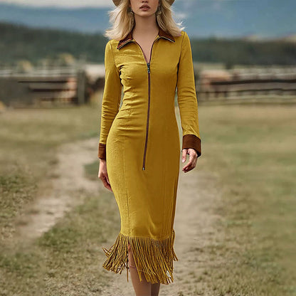 Robe midi à manches longues et ourlet à franges pour femme
