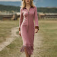 Robe midi à manches longues et ourlet à franges pour femme