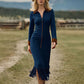 Robe midi à manches longues et ourlet à franges pour femme