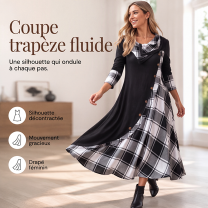 Robe longue pour femme à col cheminée et patchwork à carreaux