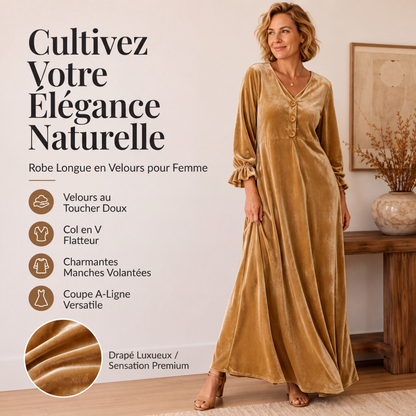 Robe longue élégante pour femme en velours à manches volantées